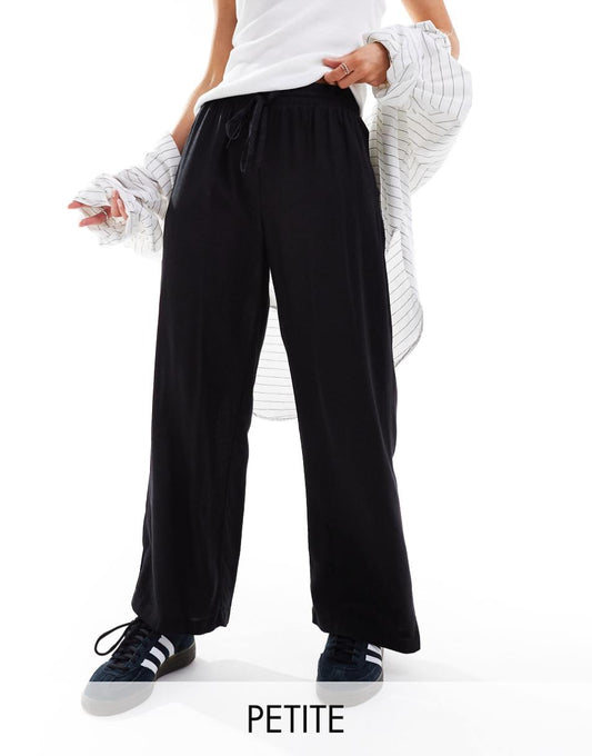 Vila Petite linen mix tie waist wide leg pants in black