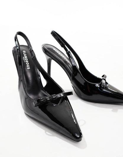 Glamorous Wide Fit slingback heeled shoes with bow in black