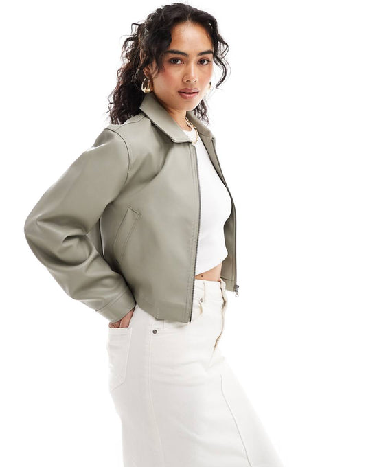 ASOS DESIGN leather look top collar jacket in sage