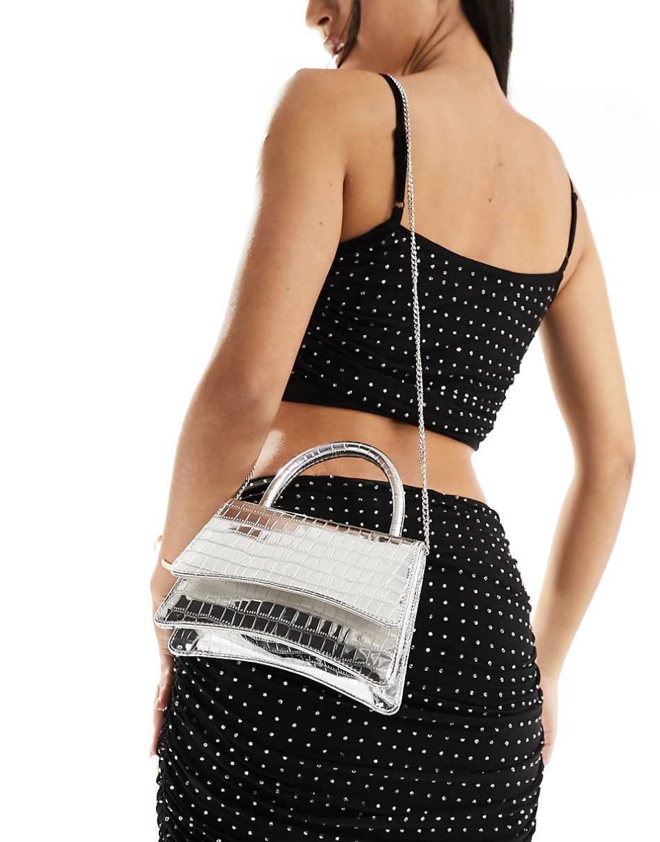 True Decadence glitter clutch bag in silver croc