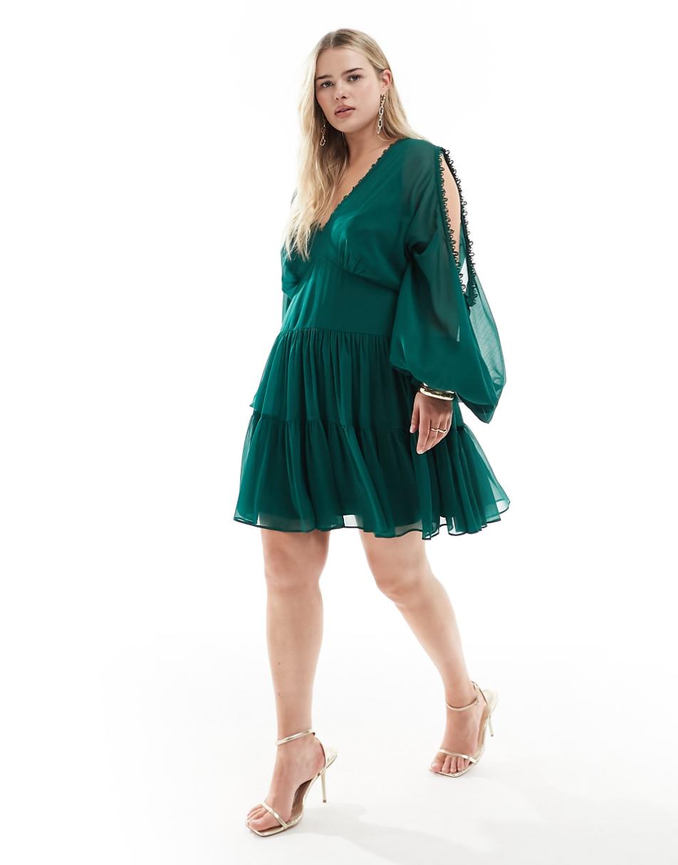 ASOS DESIGN Curve cold shoulder tiered mini dress with lace insert in green