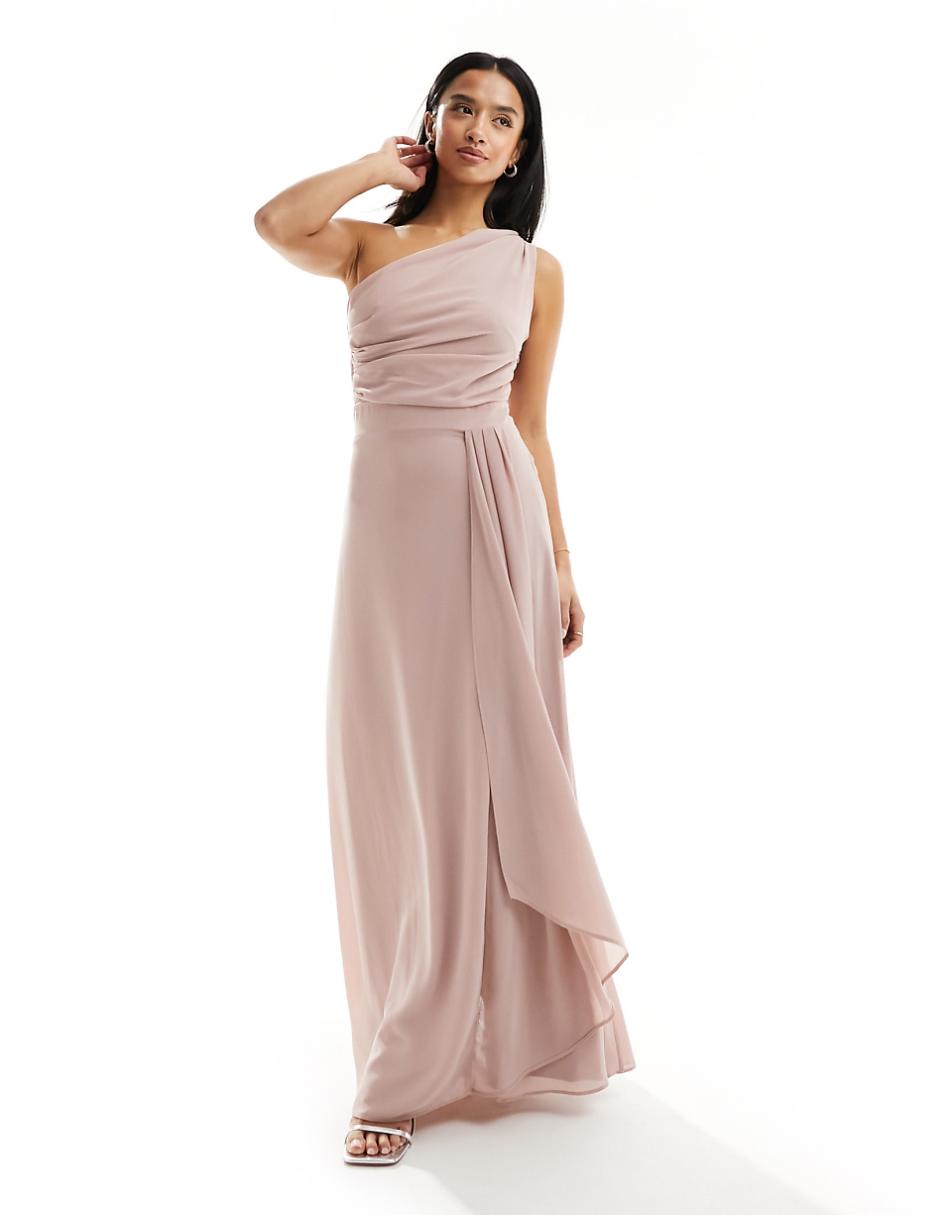 TFNC Petite Bridesmaid chiffon one shoulder drape maxi dress in soft pink