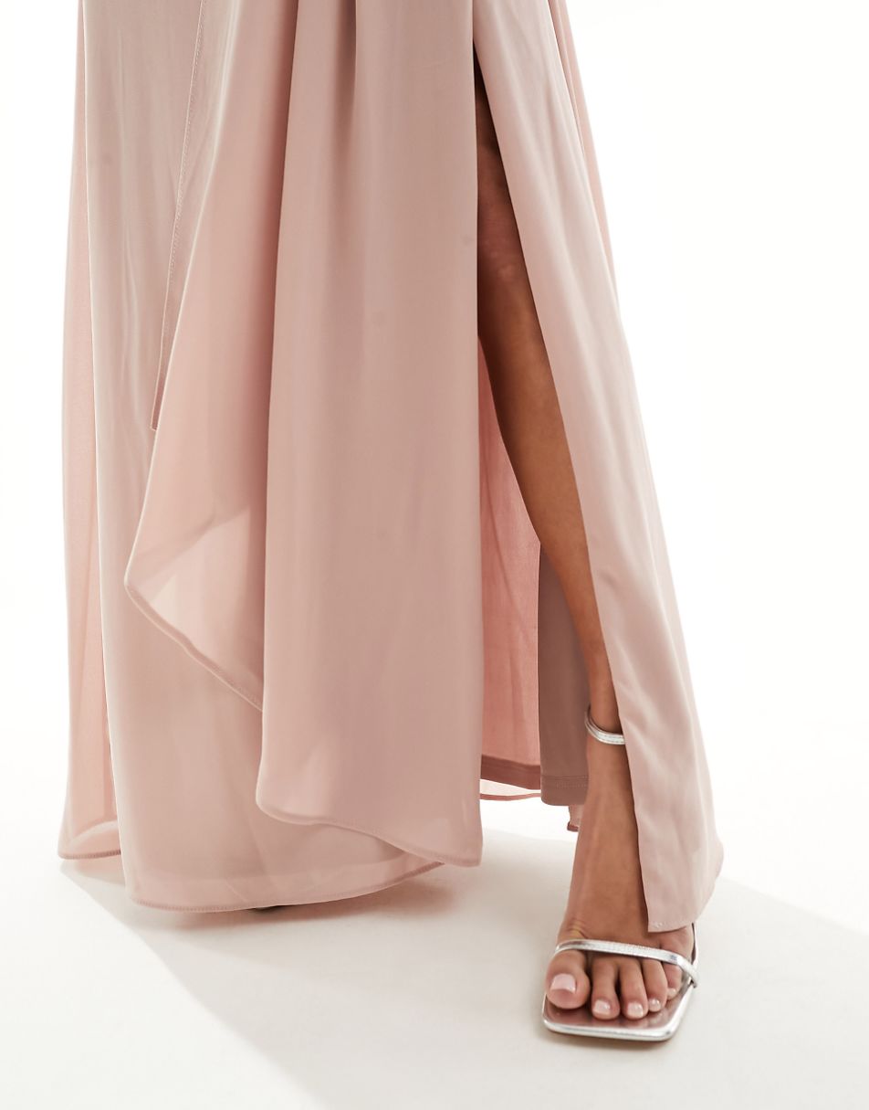 TFNC Petite Bridesmaid chiffon one shoulder drape maxi dress in soft pink