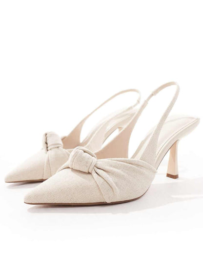 ASOS DESIGN Savannah knotted slingback mid heeled shoes in natural fabrication