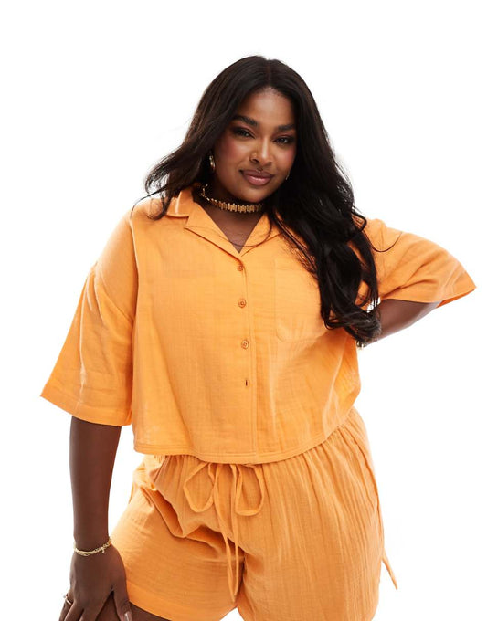 ASOS DESIGN Curve double gauze boxy beach shirt in orange - part of a set