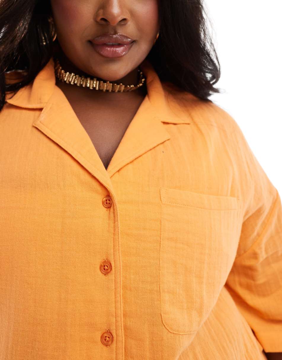 ASOS DESIGN Curve double gauze boxy beach shirt in orange - part of a set