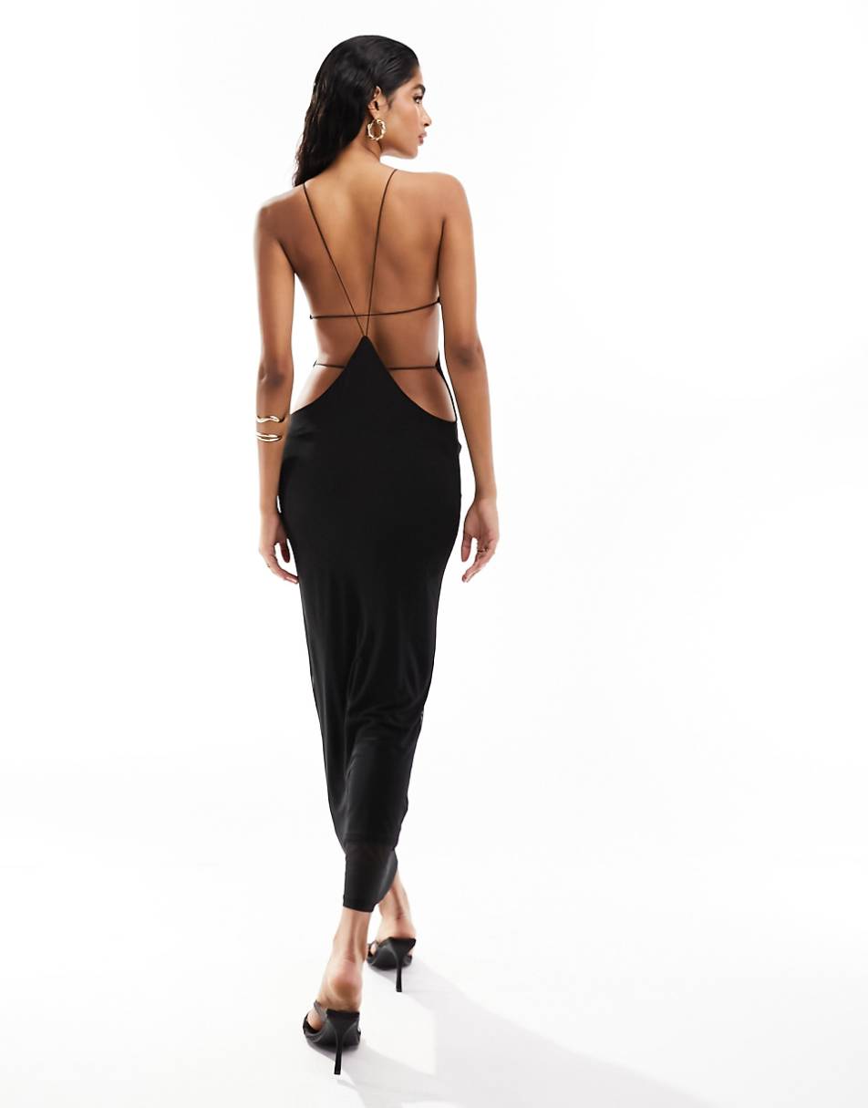 ASOS DESIGN mesh halter maxi dress with extreme cut out back detail in black