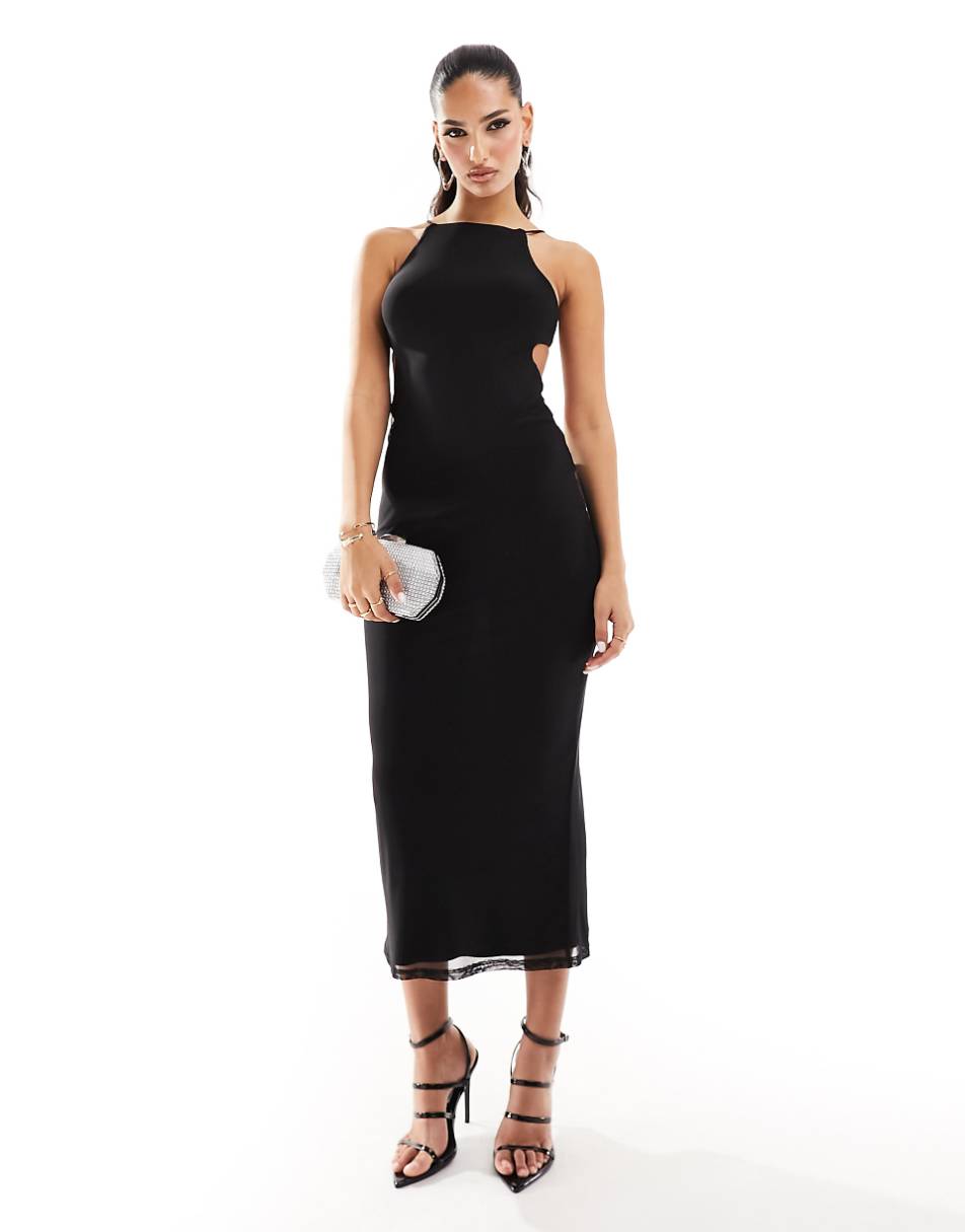 ASOS DESIGN mesh halter maxi dress with extreme cut out back detail in black