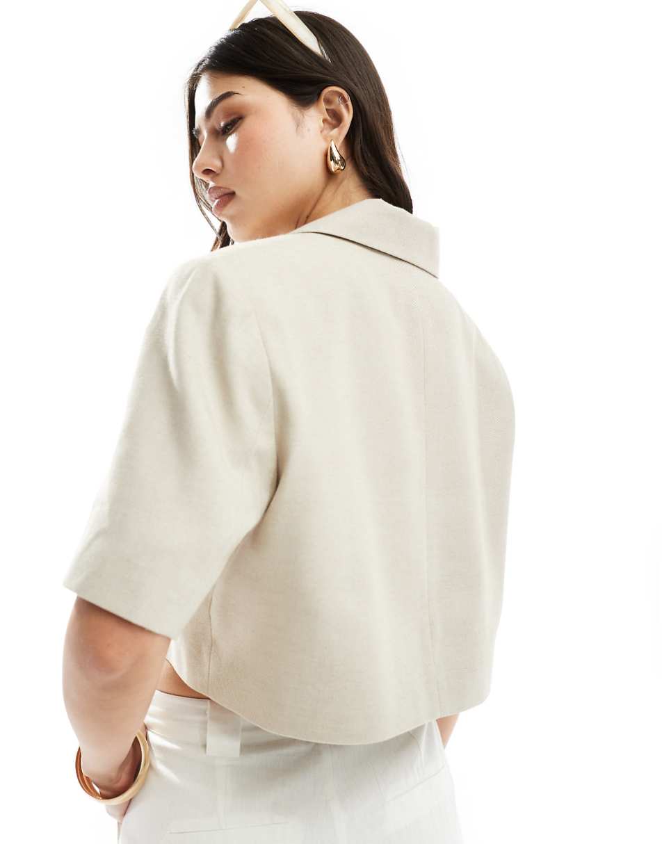 ASOS DESIGN cropped asymmetric blazer with short sleeves in beige