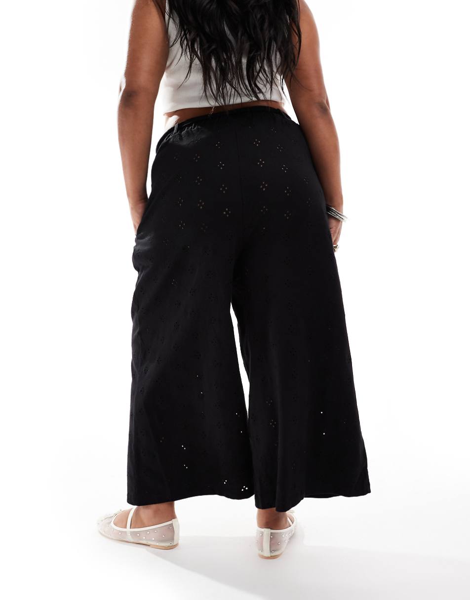 ASOS DESIGN Curve eyelet wide leg pants with tie belt in black