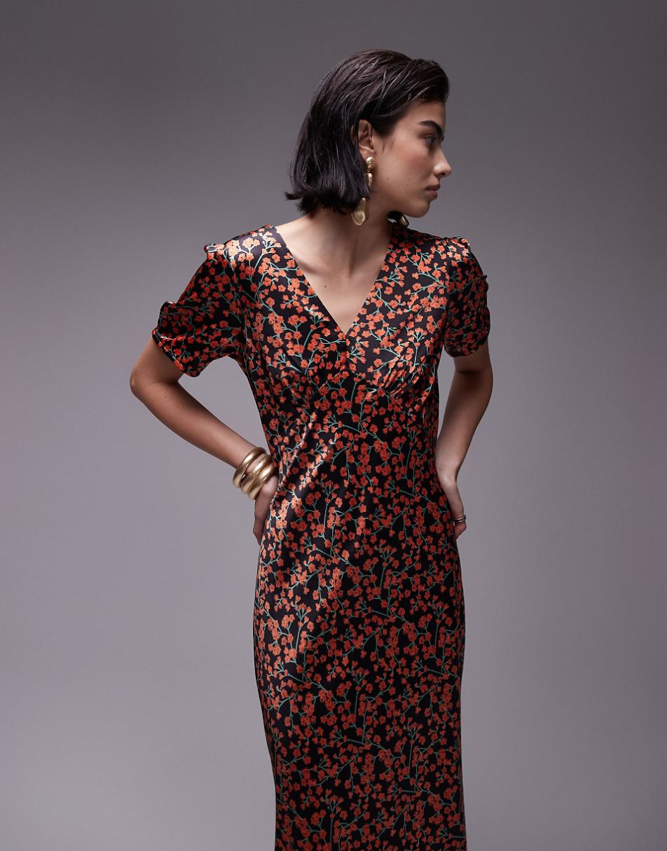 Topshop short sleeve bias midi dress in ditsy red floral