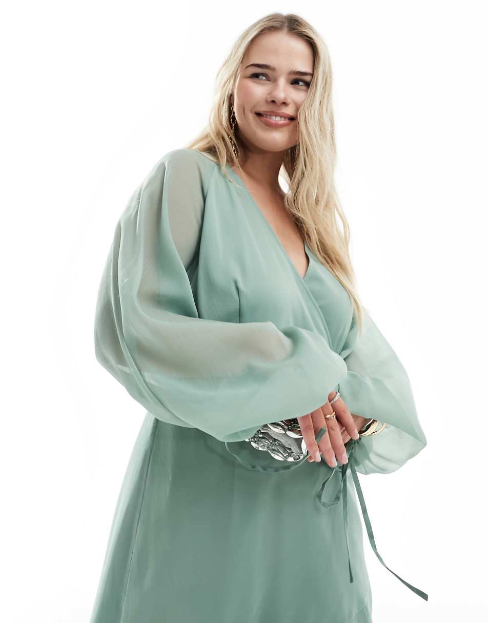 ASOS DESIGN Curve Exclusive long sleeve chiffon wrap midi dress in green