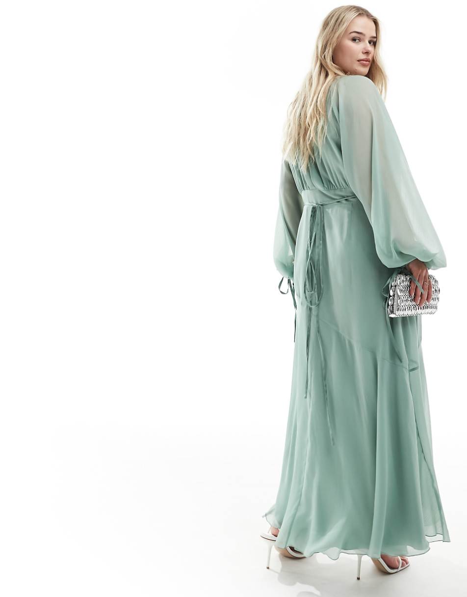 ASOS DESIGN Curve Exclusive long sleeve chiffon wrap midi dress in green