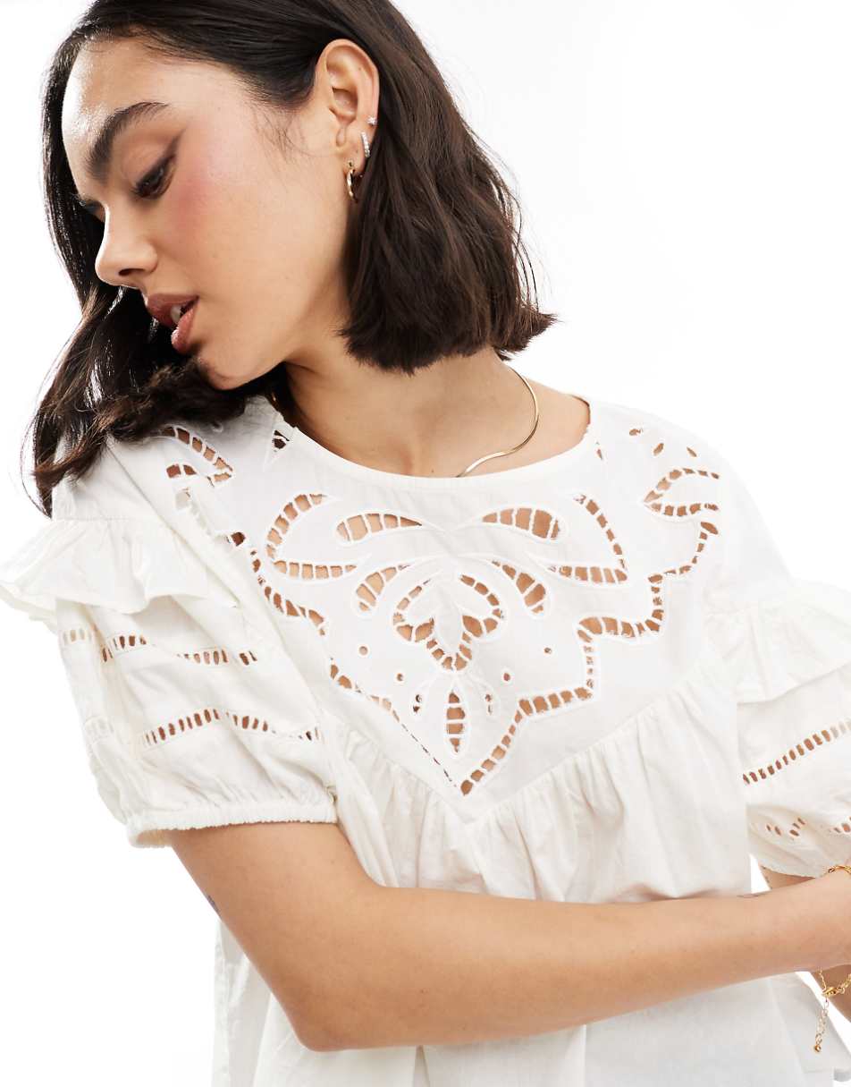 Miss Selfridge poplin cutwork victoriana blouse in white