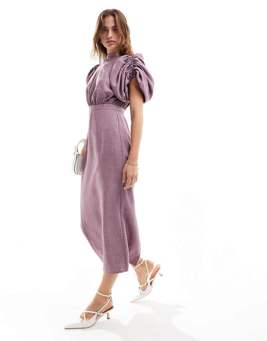 ASOS DESIGN high neck volume sleeve midi dress with fitted skirt in lilac