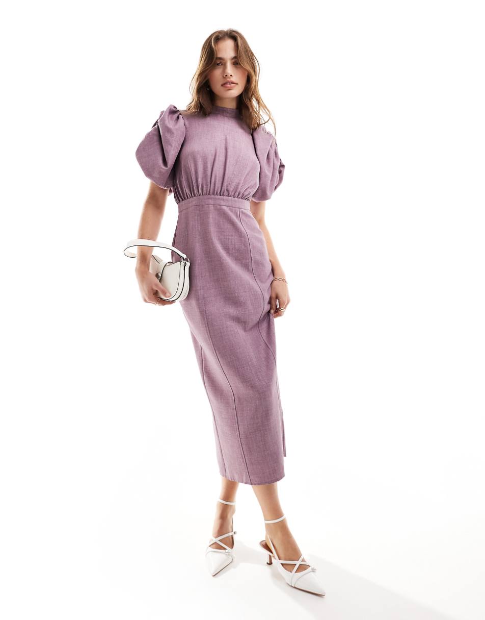 ASOS DESIGN high neck volume sleeve midi dress with fitted skirt in lilac