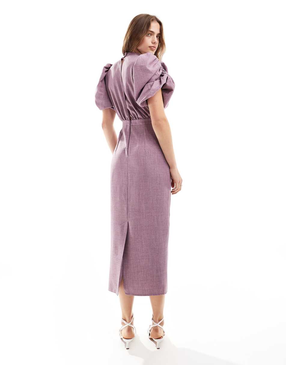 ASOS DESIGN high neck volume sleeve midi dress with fitted skirt in lilac