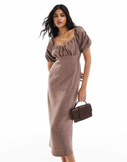 ASOS DESIGN volume sleeve midi dress with ruched bodice in chocolate