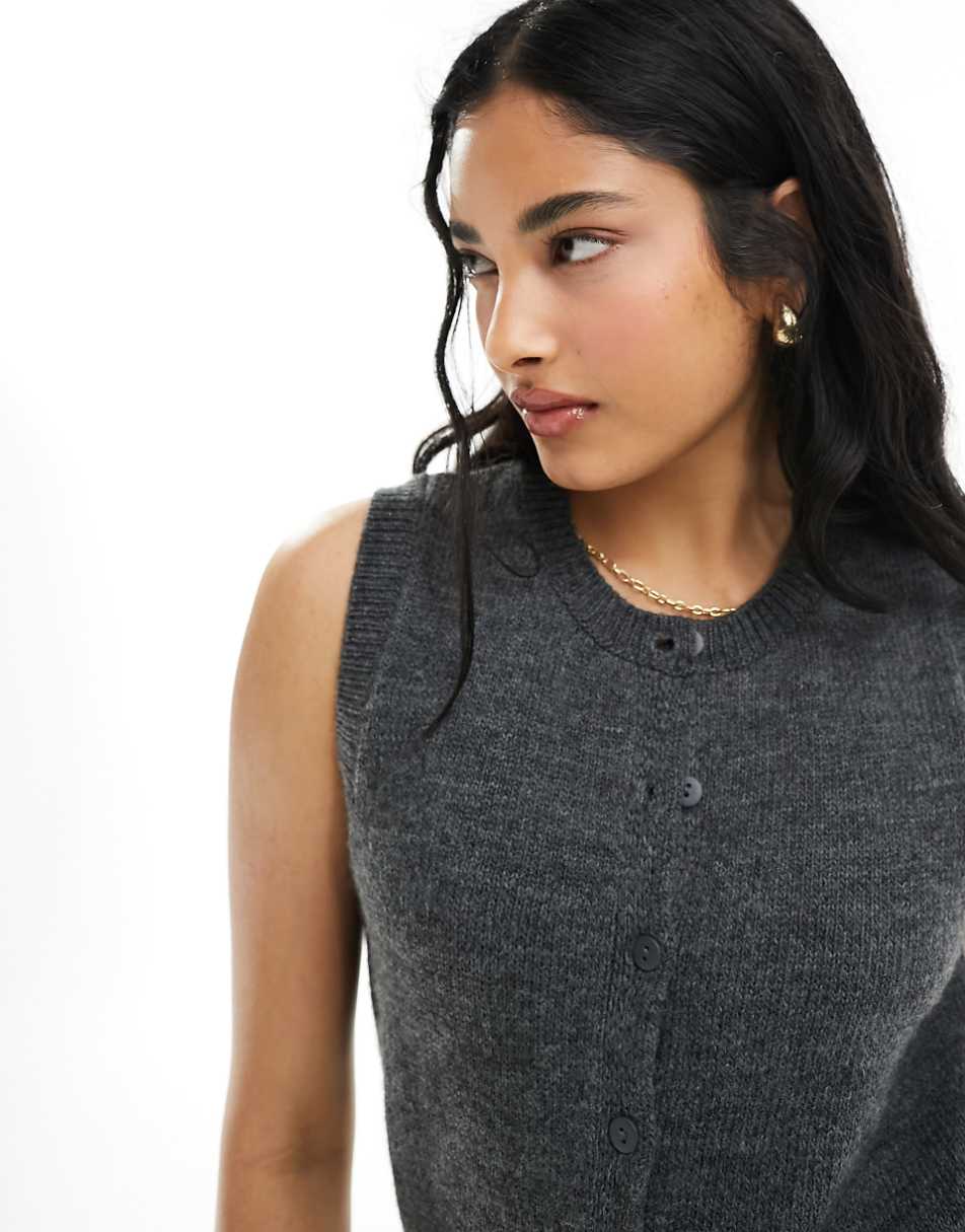 ASOS DESIGN button up fitted crew neck vest in charcoal