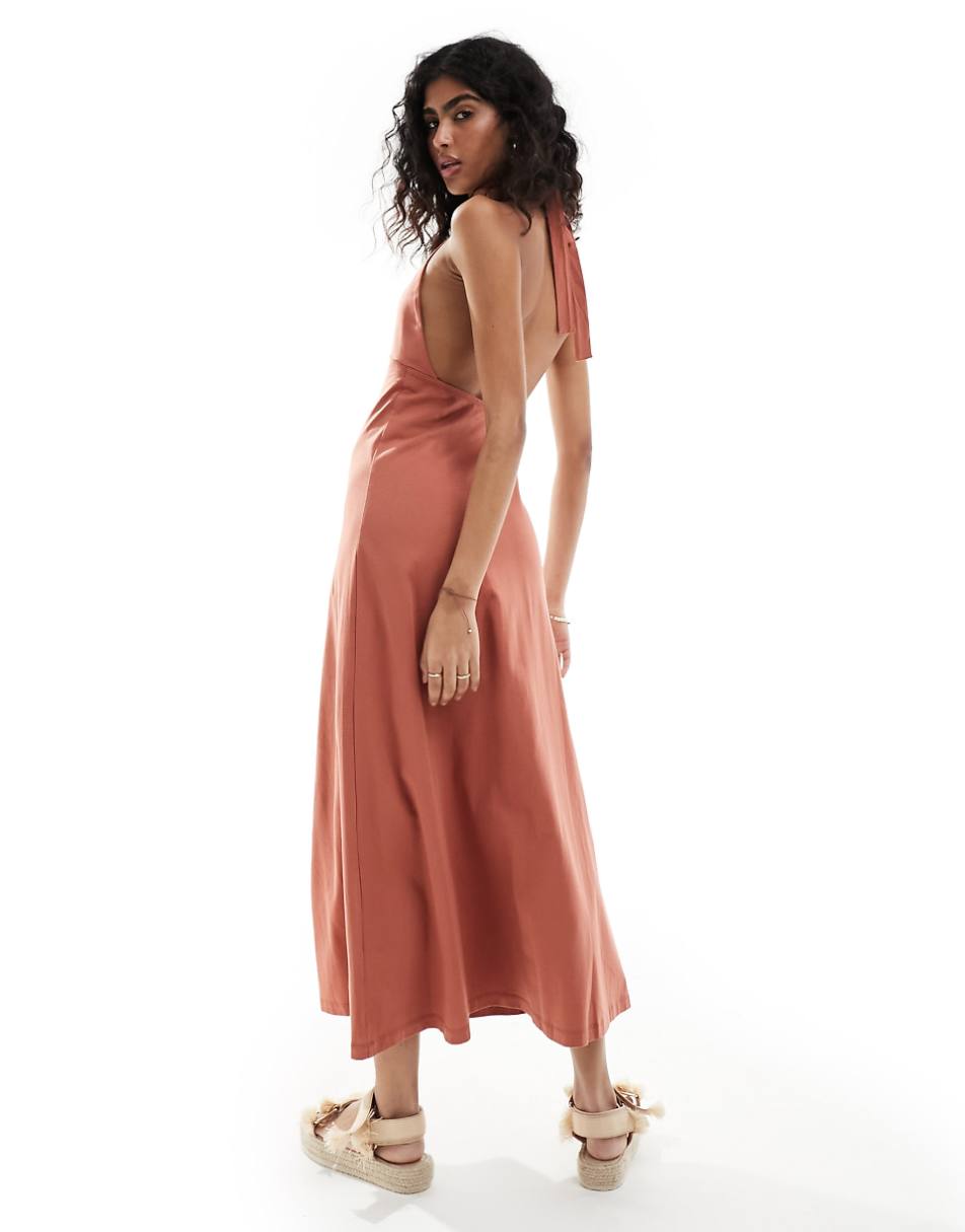 ASOS DESIGN halter neck midi dress with button front in terracotta