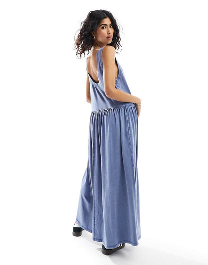 ASOS DESIGN sleeveless smock maxi dress with low back in indigo wash