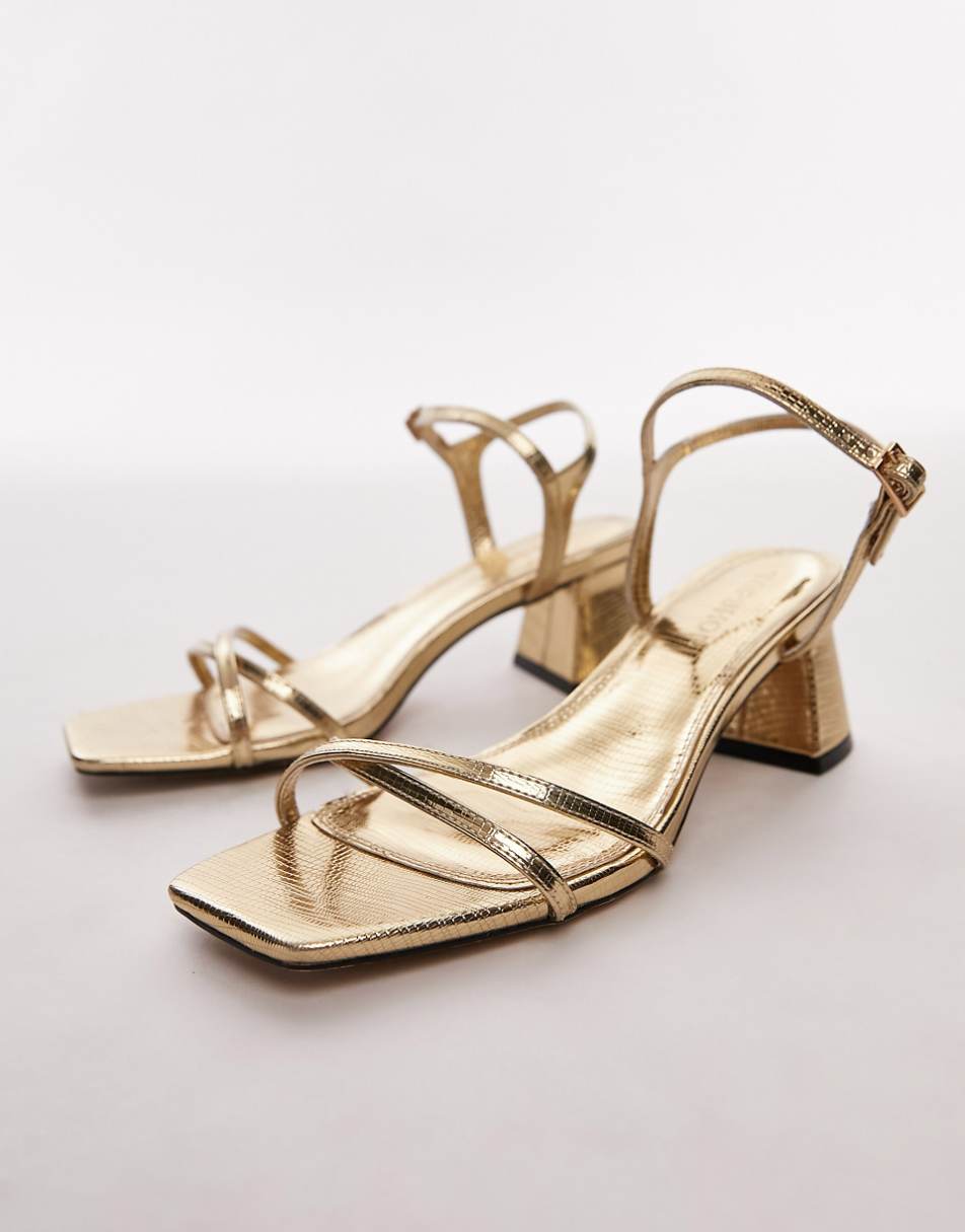 Topshop Wide Fit Iona strappy block heeled sandal in gold lizard