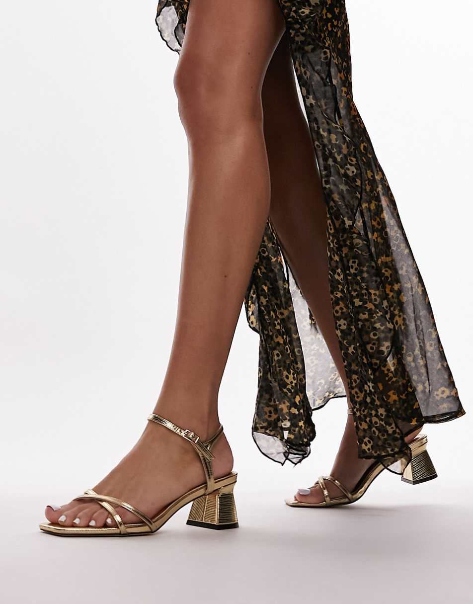 Topshop Wide Fit Iona strappy block heeled sandal in gold lizard