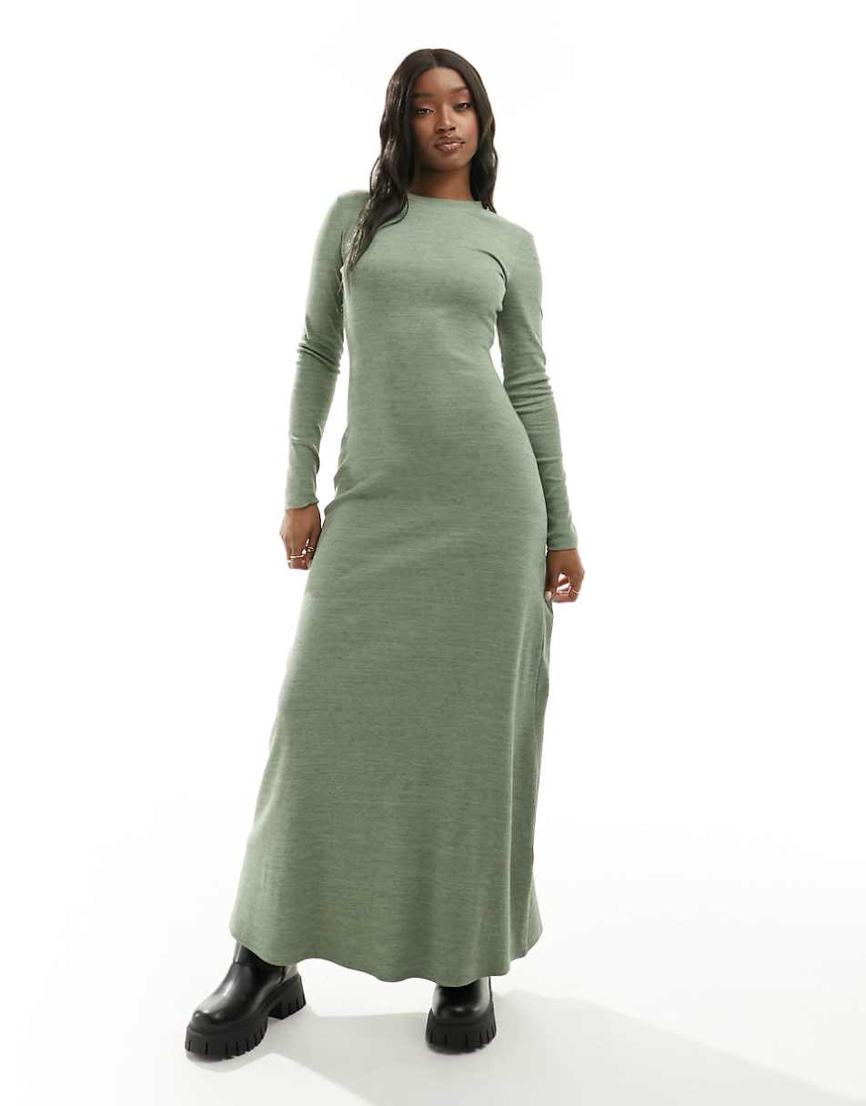 ASOS DESIGN column ribbed maxi dress with crew neck in green