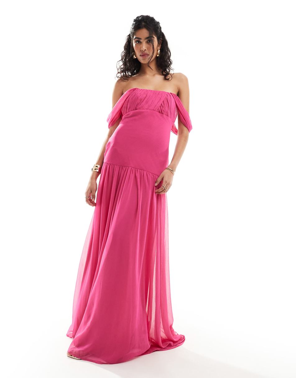 ASOS DESIGN drape off shoulder dropped waist maxi dress in fuchsia pink