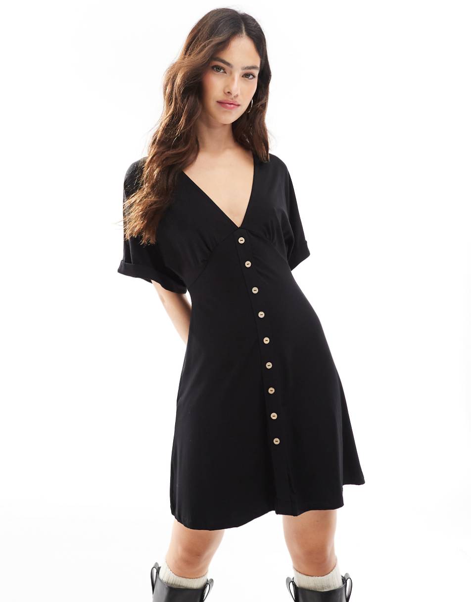 ASOS DESIGN cuffed sleeve button front midi tea dress in black