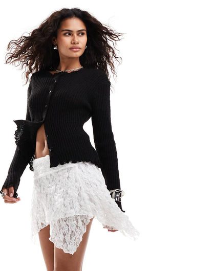 COLLUSION slash neck lettuce hem cardigan in black