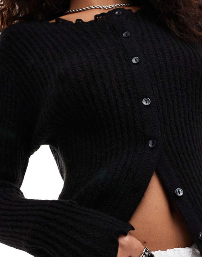 COLLUSION slash neck lettuce hem cardigan in black