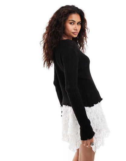 COLLUSION slash neck lettuce hem cardigan in black