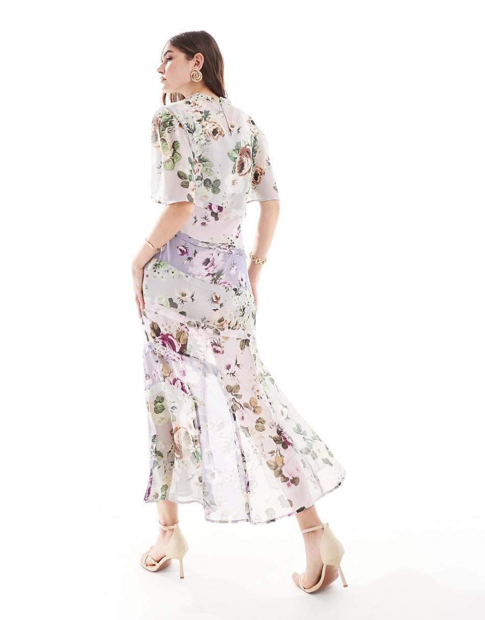 ASOS DESIGN high neck 3/4 sleeve slit midi dress in lilac floral print