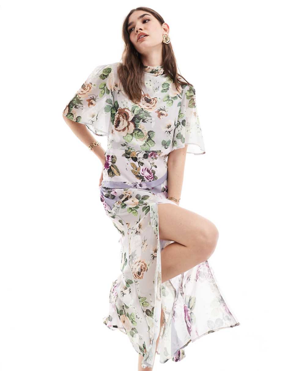 ASOS DESIGN high neck 3/4 sleeve slit midi dress in lilac floral print