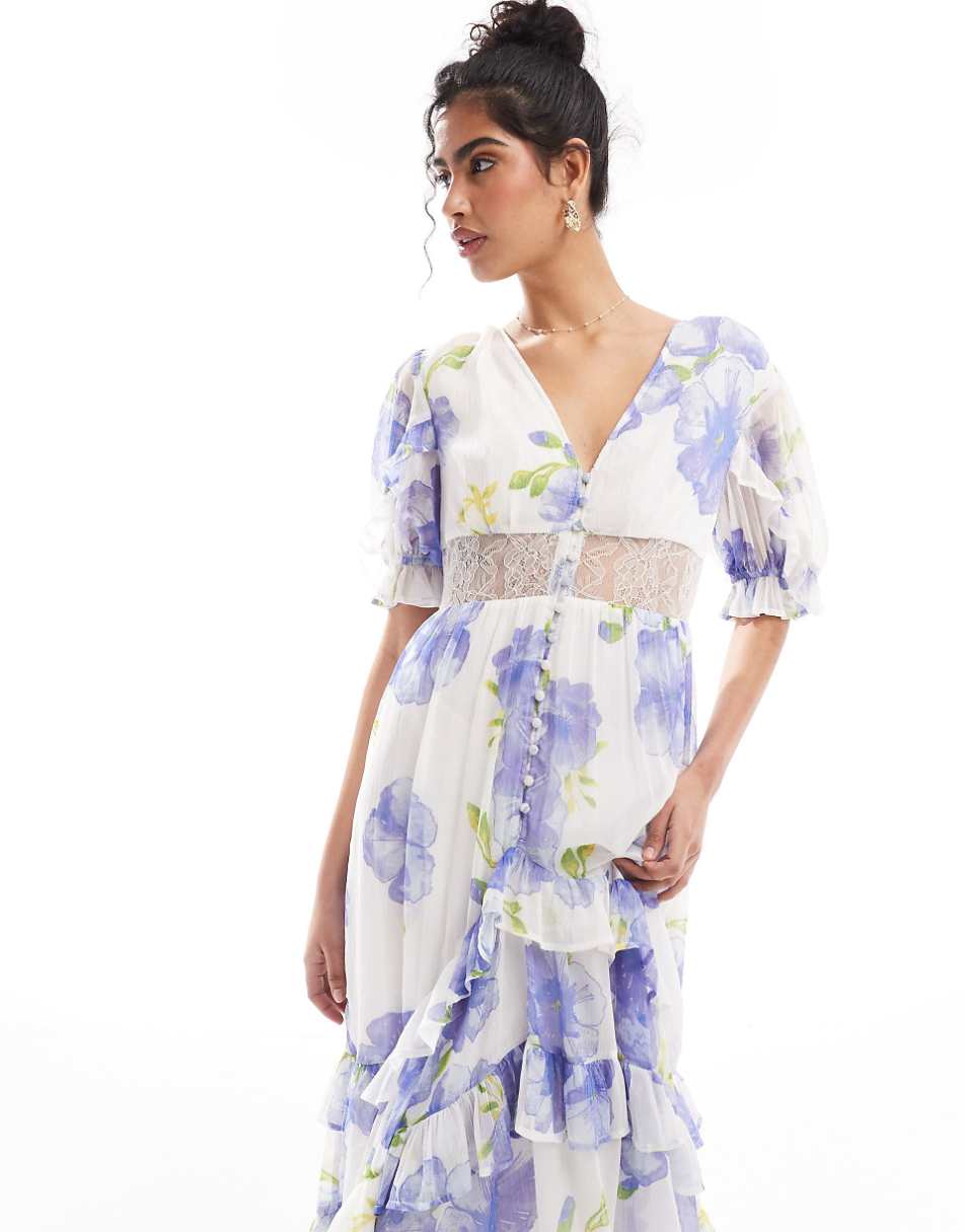 ASOS DESIGN lace cut out button up ruffle hem midi dress in blue and white floral