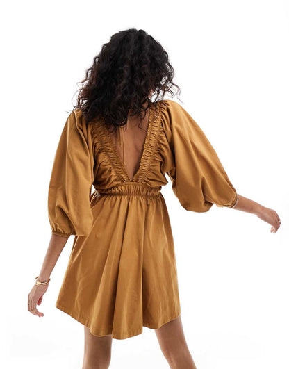 ASOS DESIGN plunge elastic tea mini dress with ruched waist in brown