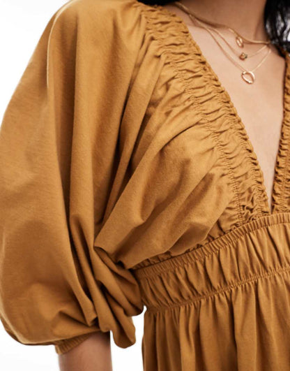 ASOS DESIGN plunge elastic tea mini dress with ruched waist in brown