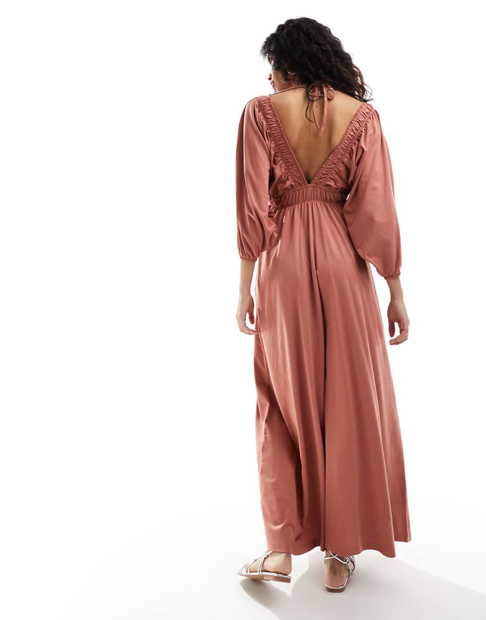ASOS DESIGN plunge elastic tea maxi dress with ruched waist in rust