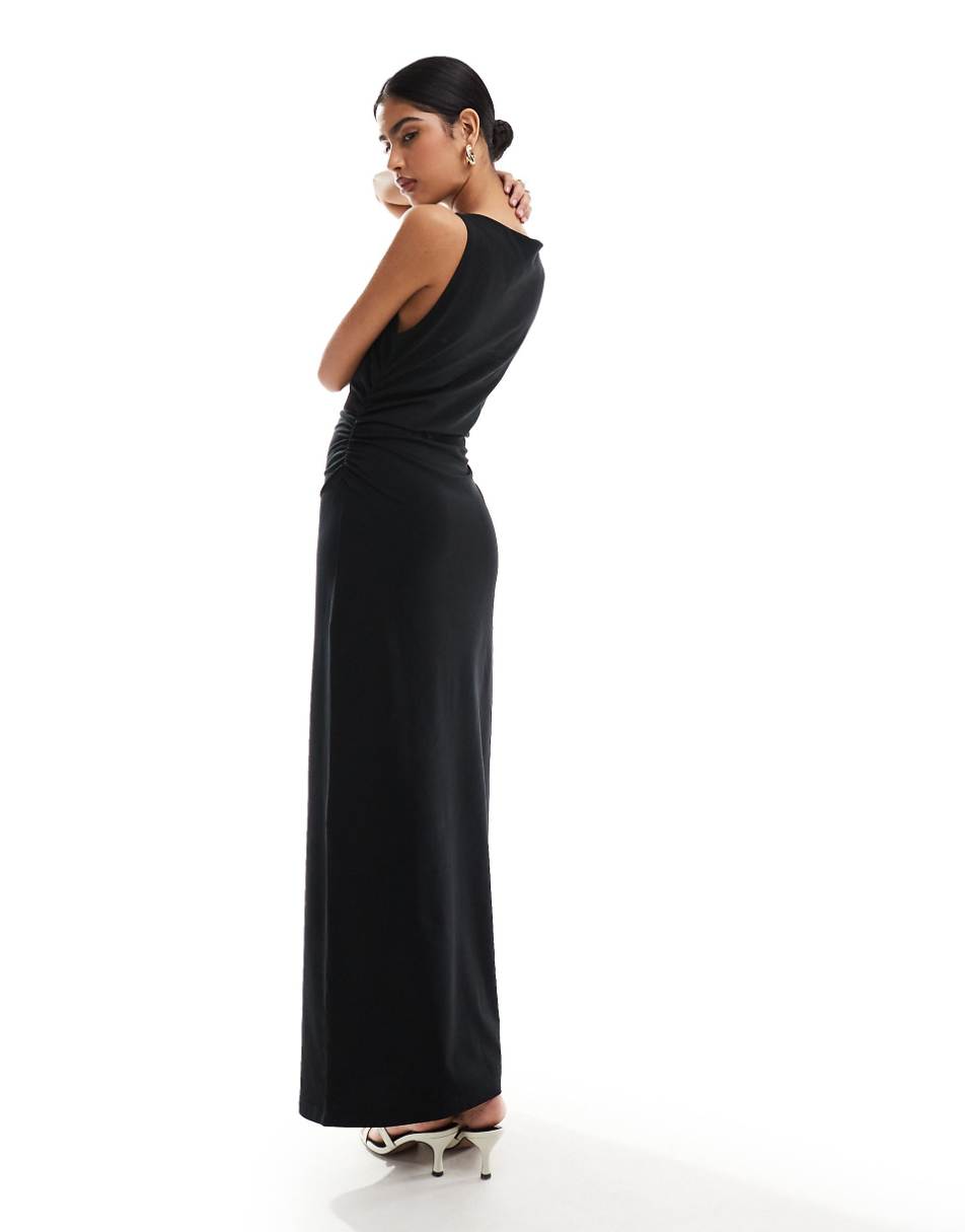 ASOS DESIGN boat neck maxi dress with ruched sides in black