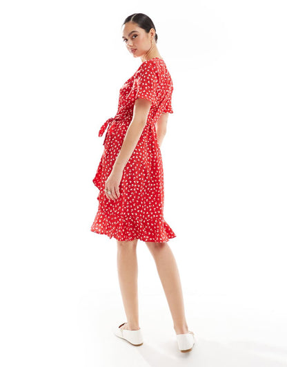 ONLY ruffle wrap mini dress in red ditsy floral