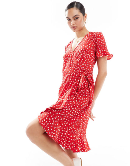 ONLY ruffle wrap mini dress in red ditsy floral