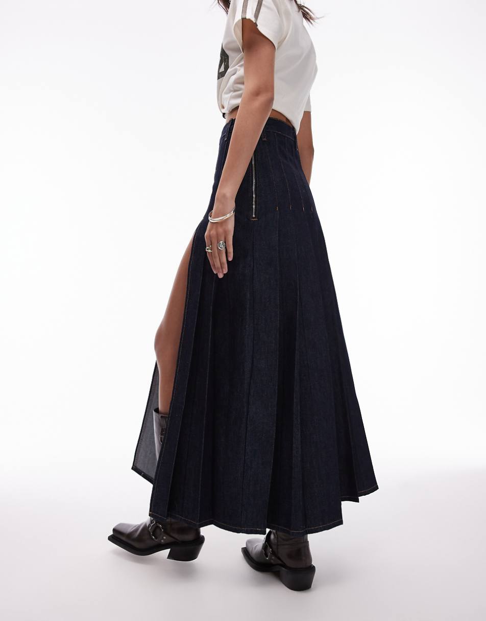 Topshop denim pleated midi skirt in raw indigo