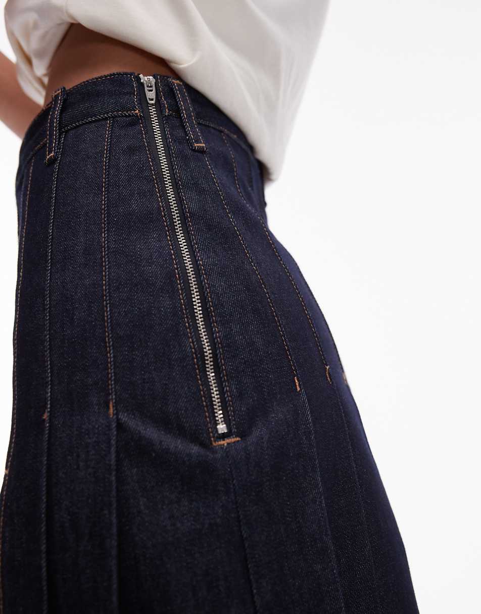 Topshop denim pleated midi skirt in raw indigo