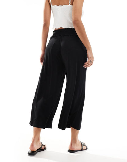 ASOS DESIGN shirred waist cropped culotte pants in black