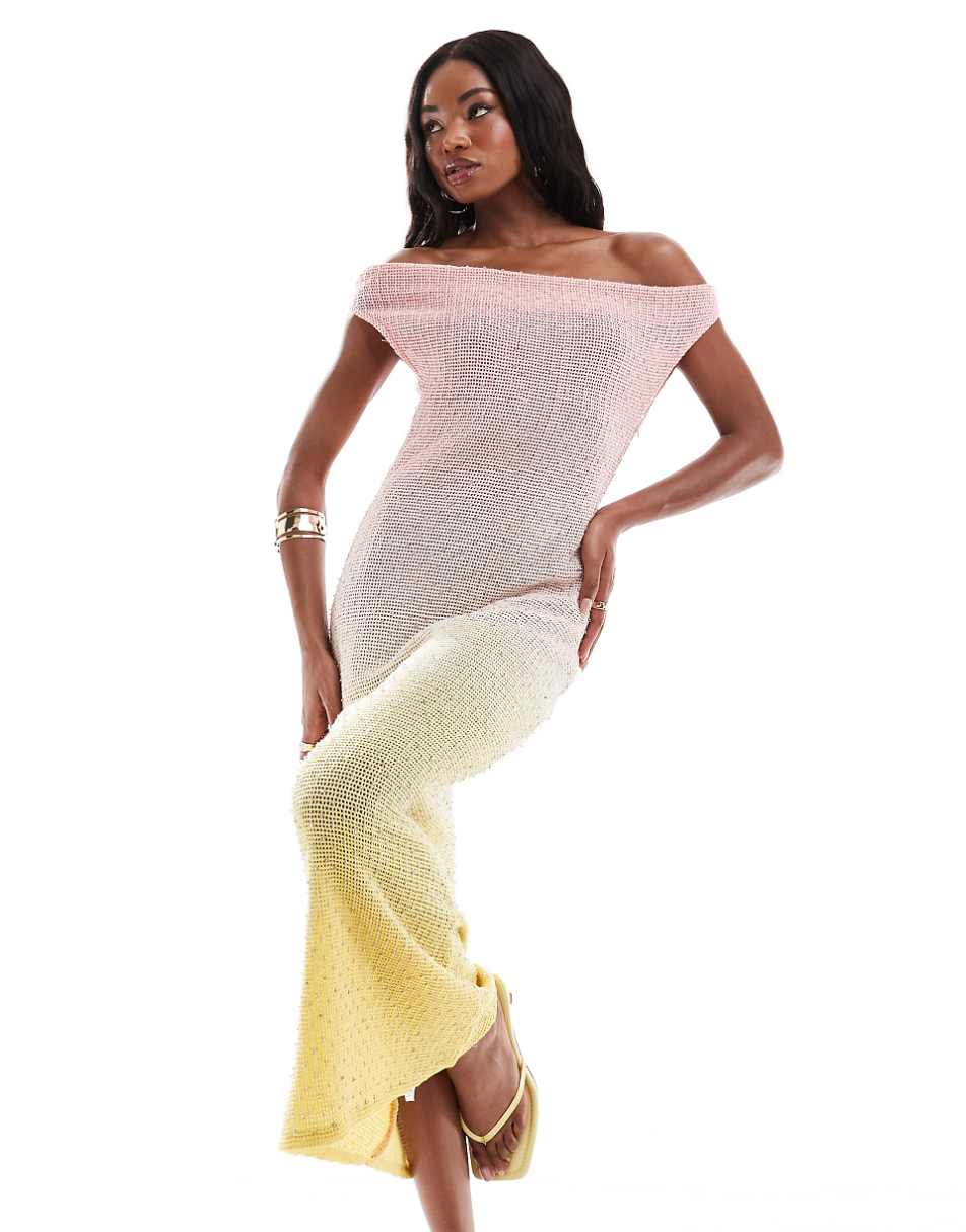 ASOS DESIGN ultimate embellished crochet maxi dress in pink and lemon ombre