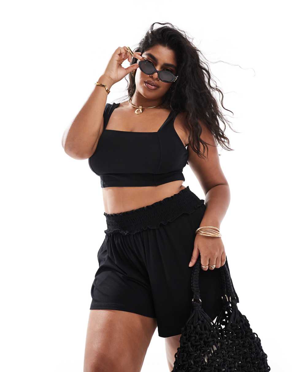 ASOS DESIGN Curve shirred waist flippy shorts in black