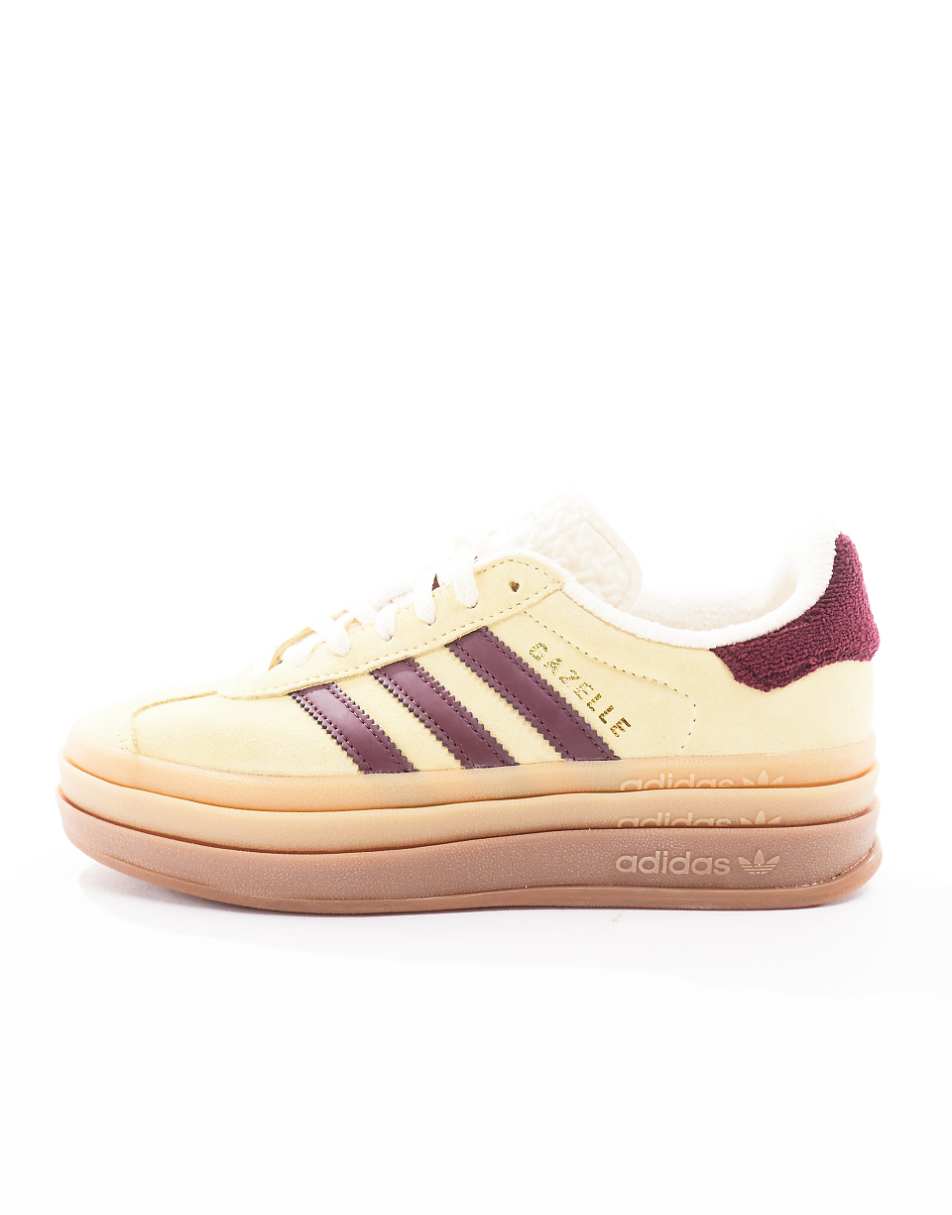 adidas Originals Gazelle Bold sneakers with gum sole in yellow and burgundy