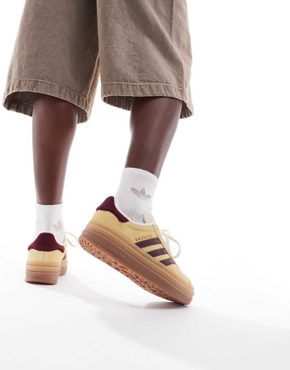 adidas Originals Gazelle Bold sneakers with gum sole in yellow and burgundy