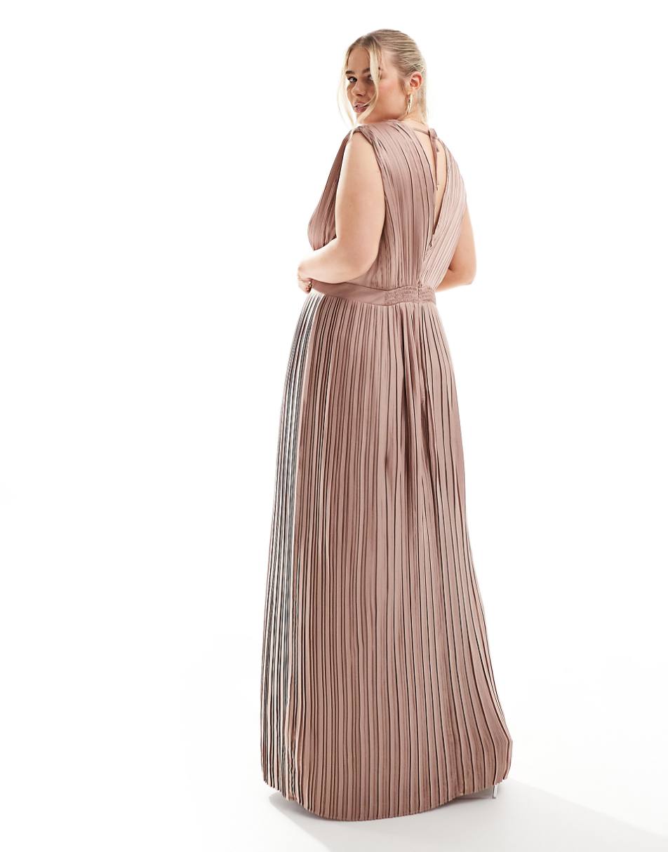 TFNC Plus Bridesmaid satin pleated maxi dress in rose brown